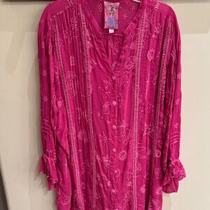 Johnny Was Fuchsia Embroidered Blouse with Zodiac Figures